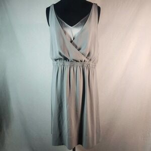 Eileen Fisher Petite M Gray Smoke Silk Sleeveless Dress Side Pockets Satin‎